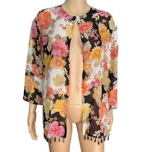 Anthracite 100% silk floral top open cardigan size M